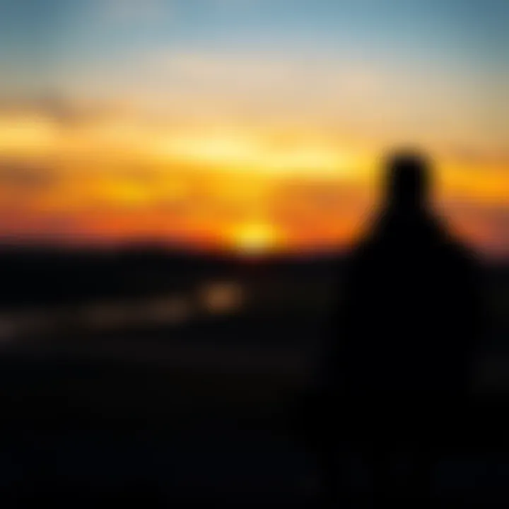 A person sitting on a bench looking out at a sunset, reflecting on loss and grief, with a somber expression.
