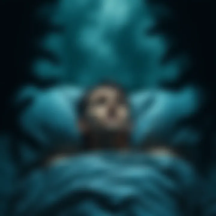A person lying in bed with a troubled expression, depicting the feeling of sleep paralysis while dark shadows loom around them, illustrating fear and panic.