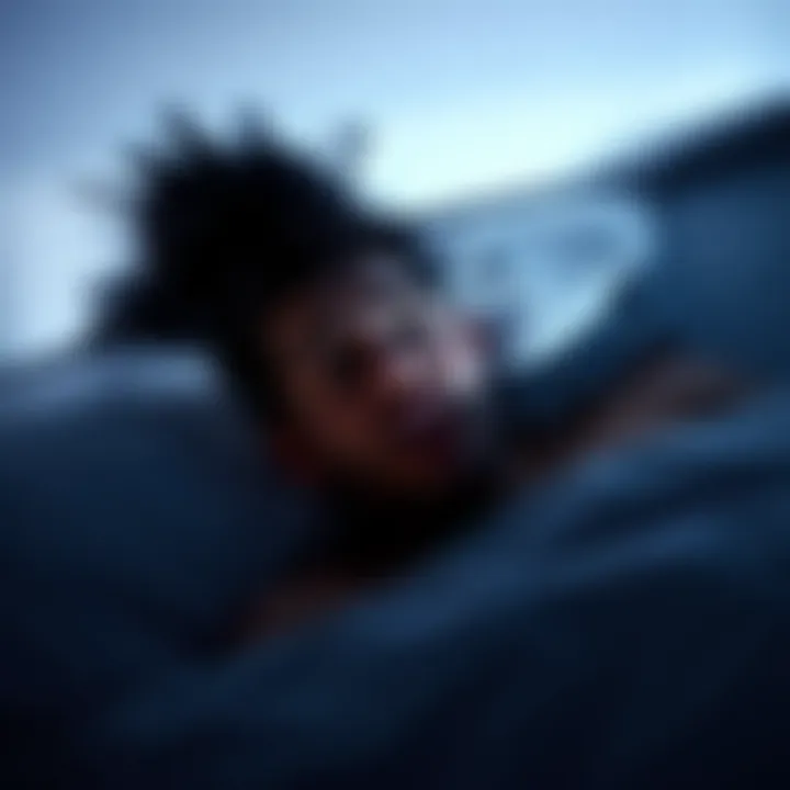 A person lies in bed, looking scared with their eyes open, while their body remains still, indicating sleep paralysis. Shadows are cast on the wall, reflecting their anxiety and struggle with arthriti...
