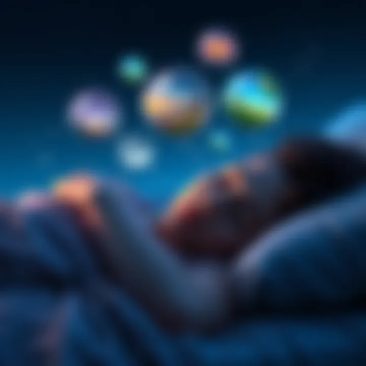 A person peacefully sleeping, with colorful dream bubbles illustrating different scenarios like a beach, a city, and nature.