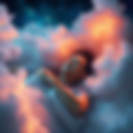 A person lying in bed, surrounded by soft clouds representing dreams, showing a calm and safe environment for lucid dreaming and astral projection