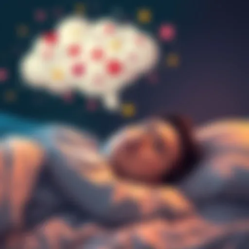 A person sleeping peacefully with a thought cloud above showing various dream symbols including hearts and stars.