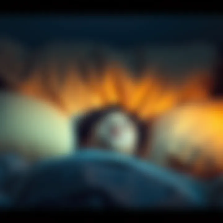 A person lying in bed with eyes closed, surrounded by soft pillows and dim light, symbolizing the fading sounds of background noise as they fall asleep.
