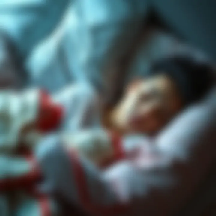 Person sleeping peacefully A person asleep in a cozy bed, surrounded by soft pillows and blankets, with a calm expression on their face, evoking a sense of comfort and peace.