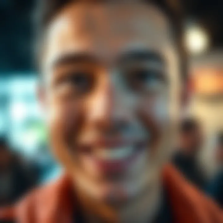 A close-up of a person smiling and looking directly at the camera, showcasing confidence and openness