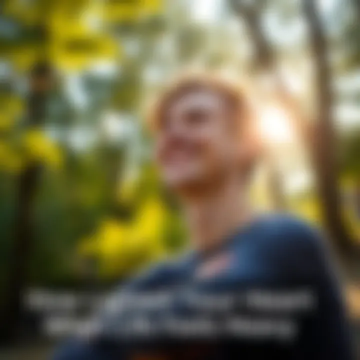 A person looking relaxed and happy, surrounded by nature, with sunlight shining through trees.