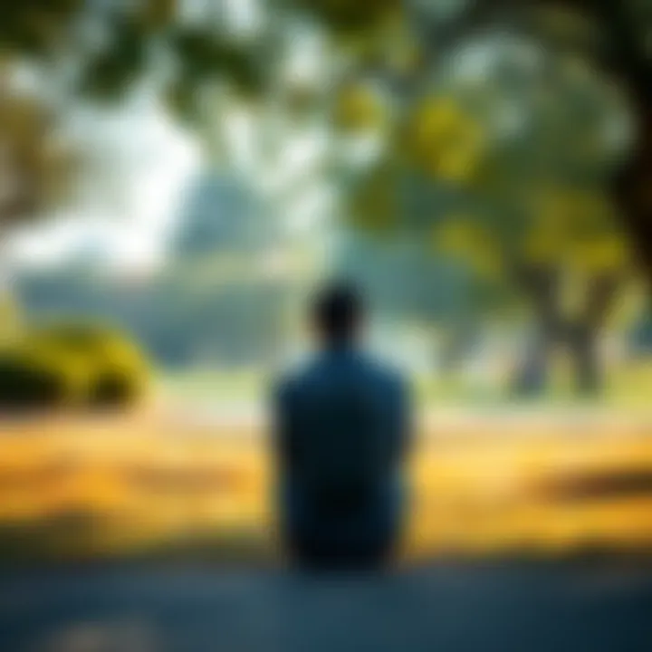 Individual sitting alone in a serene park, reflecting on life, with a peaceful expression