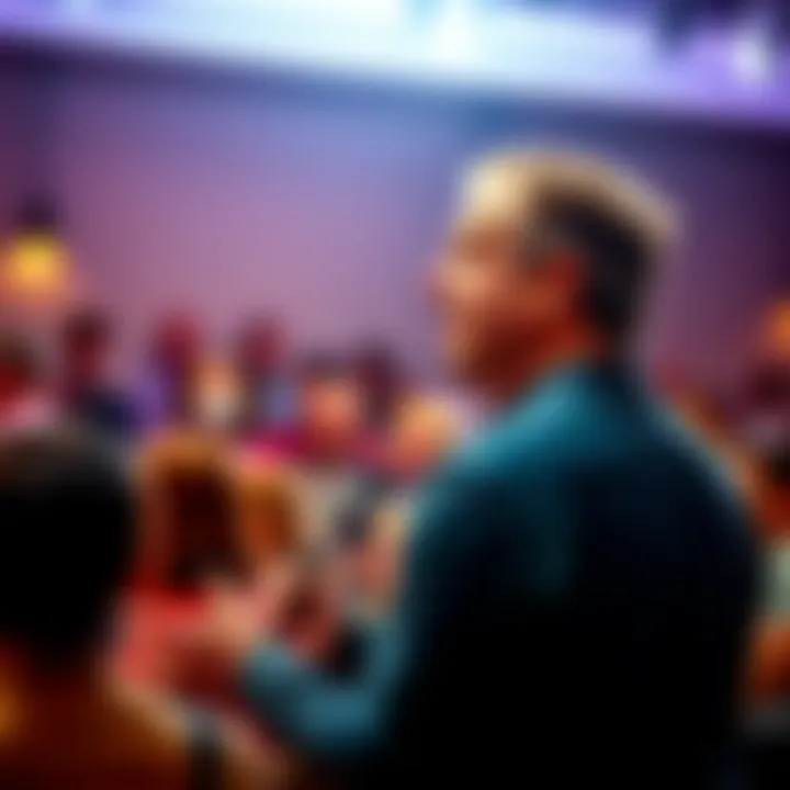 A speaker confidently communicating in front of an audience, showcasing the importance of voice in interactions.