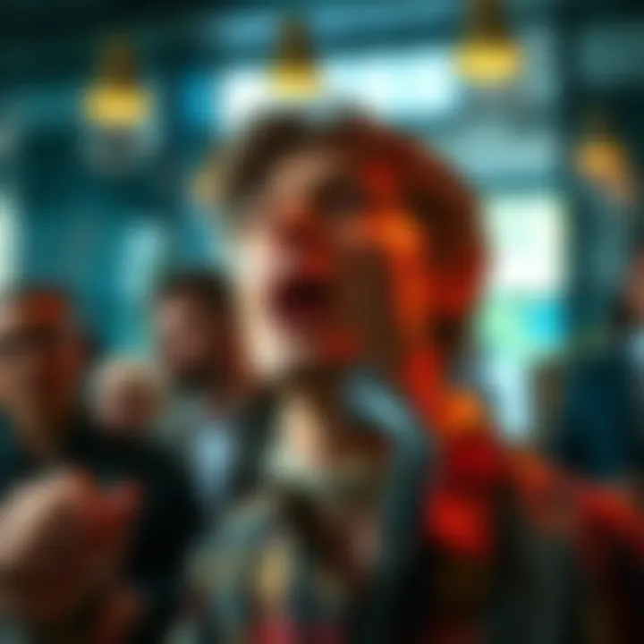 A person speaking with emphasis An individual with a defined throat passionately expressing themselves in a social setting, highlighting their struggle with voice volume.