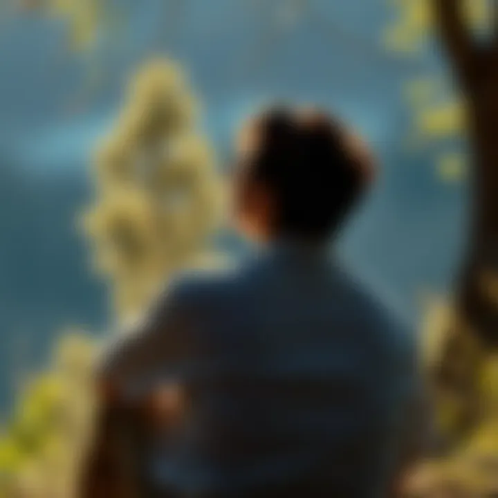 Person in deep thought during a spiritual awakening A person sitting alone in a serene setting, looking contemplative and lost in thought, surrounded by nature and soft light.