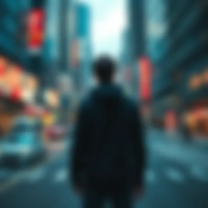 A solitary figure gazes at a busy street, reflecting on life and struggles