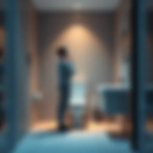 A person standing by a toilet in a bathroom, contemplating whether to wipe while standing or sitting, with a thoughtful expression.