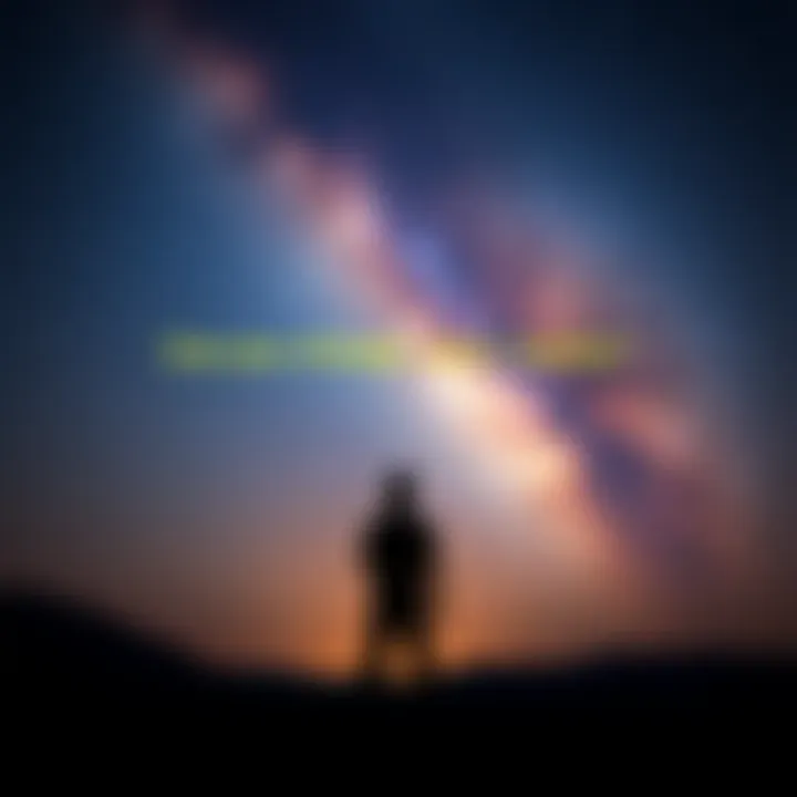 Person gazing into a starry sky A person stands alone under a starry night, looking up as if pondering different realities. They seem focused and deep in thought, surrounded by a peaceful landscape.