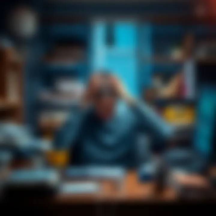 Person sitting at a desk looking stressed A person sitting at a cluttered desk with their head in their hands, showing signs of stress and anxiety from daily life pressures
