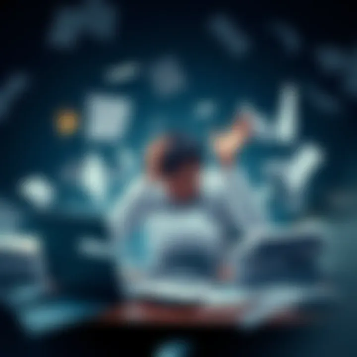 A person sitting at a desk, overwhelmed with papers and a laptop, showing signs of stress while trying to meet high expectations.