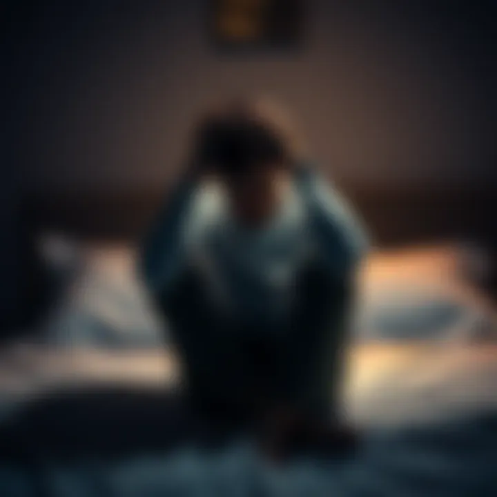 Person Struggling with Nightmares A person sitting on a bed, looking distressed while holding their head in their hands, with a dark bedroom in the background.