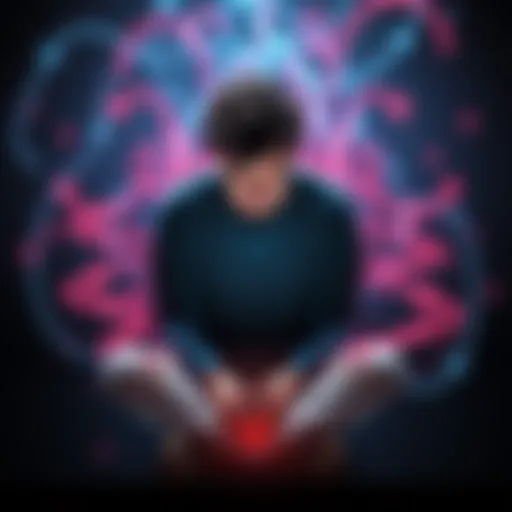 A person sitting alone with a pained expression, surrounded by swirling imagery representing telepathic signals, indicating their distress.