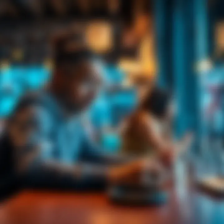 Person struggling to express thoughts A person sits at a table, looking frustrated while trying to communicate in a conversation with another person.