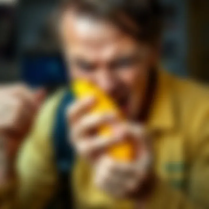 A person holding a banana with a frustrated expression, trying to peel it, symbolizing the challenge of opening bananas.