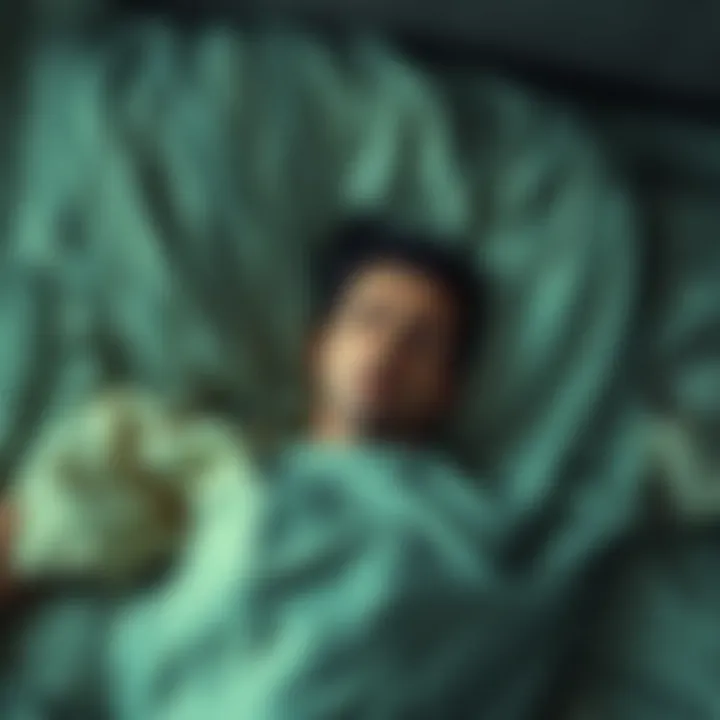 Person struggling to sleep Individual lying awake in bed looking stressed with a worried expression and rumpled sheets, representing sleep difficulties