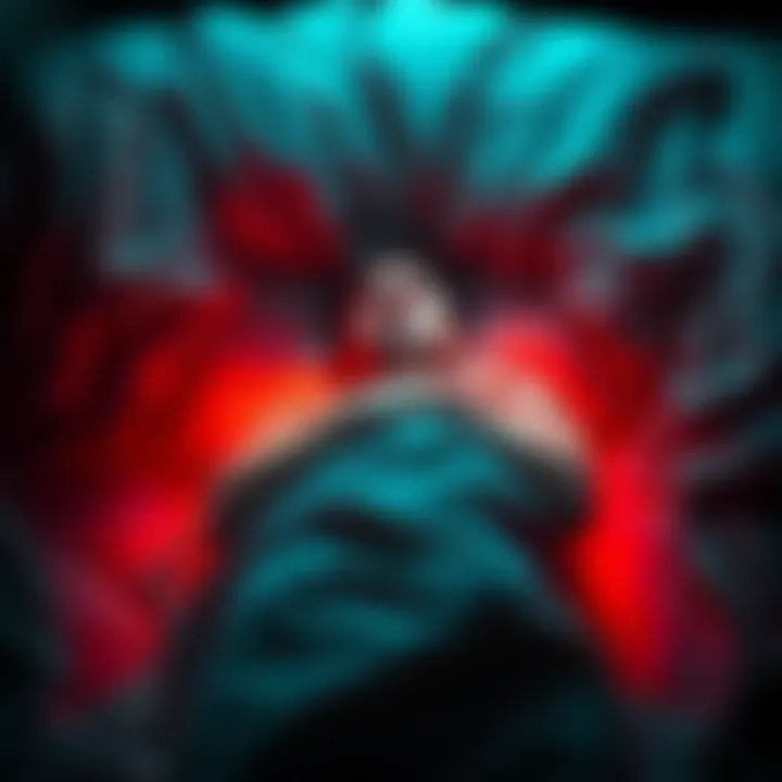 Person Struggling to Wake Up A person lying in bed with a distressed expression, surrounded by dark shadows, illustrating a dream-like state of confusion and fear.