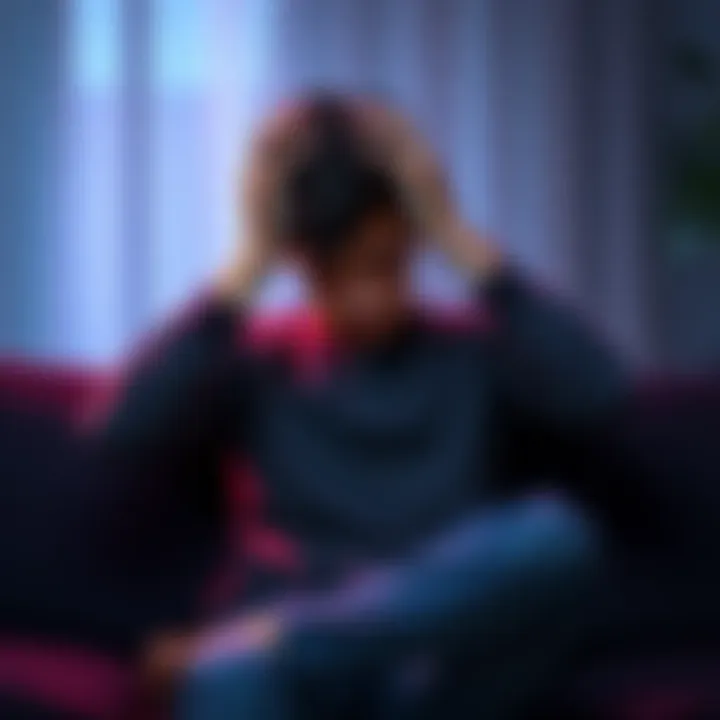 A young person sitting on a couch with their head in their hands, showing signs of anxiety and distress.