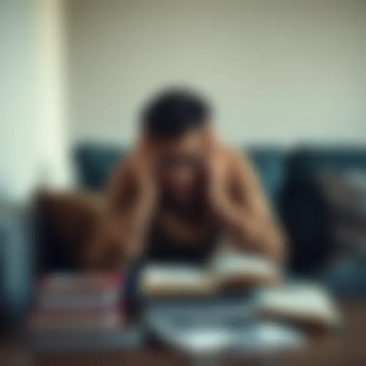 Individual sitting on a couch looking tired and frustrated, holding their head in their hands, surrounded by medical books and notes.