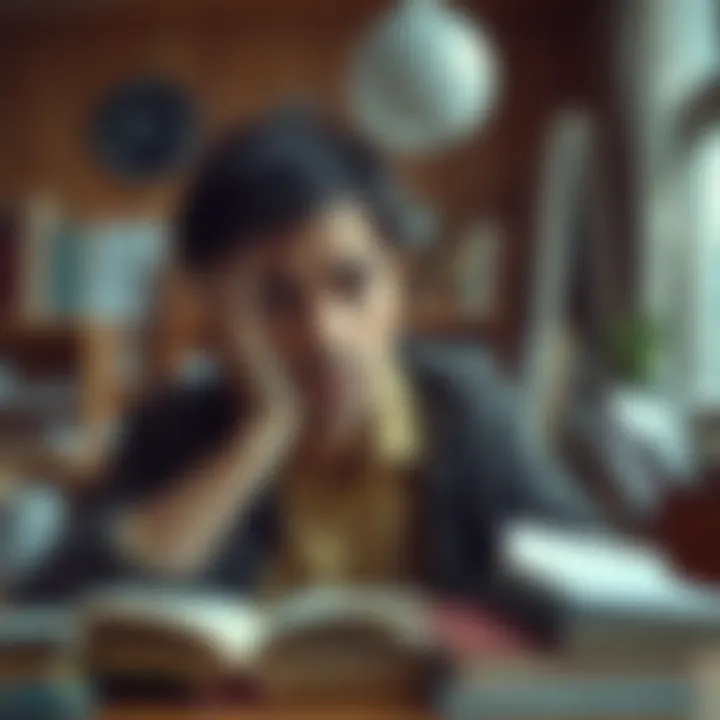 A concerned person holding their head, looking frustrated as they try to recall information, surrounded by books and notes.