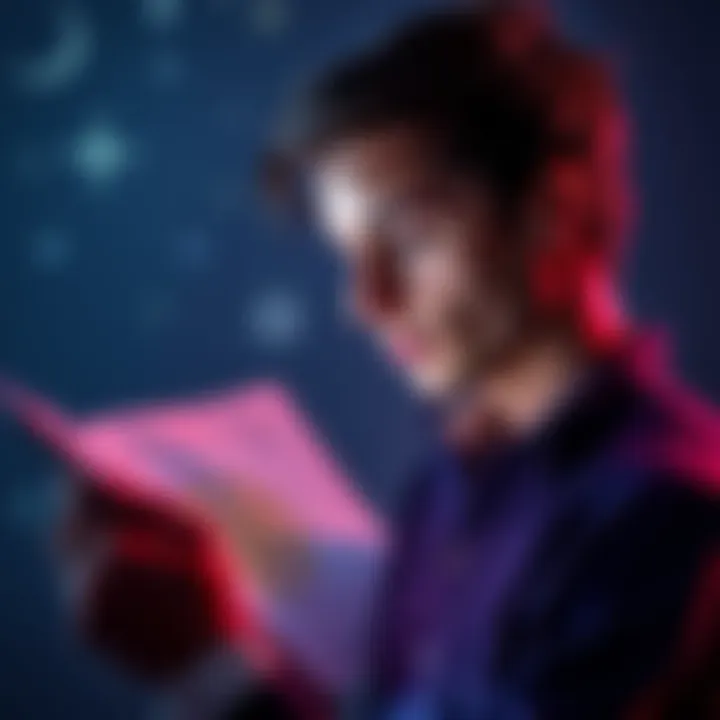 Individual studying a natal chart with a thoughtful expression, surrounded by astrological symbols.