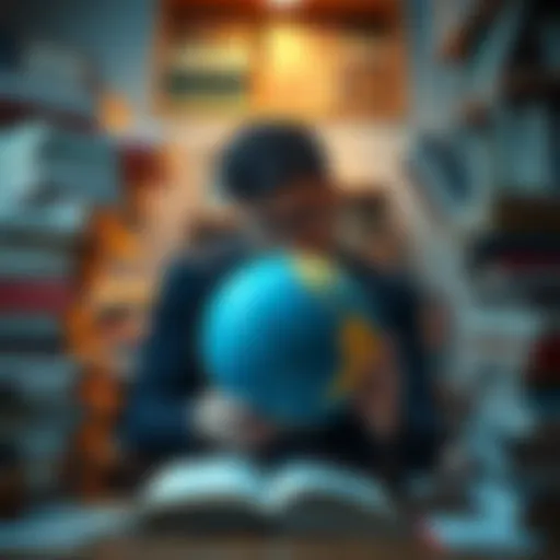 A person surrounded by language books and a globe, symbolizing the journey of learning a second language and its impact on identity.