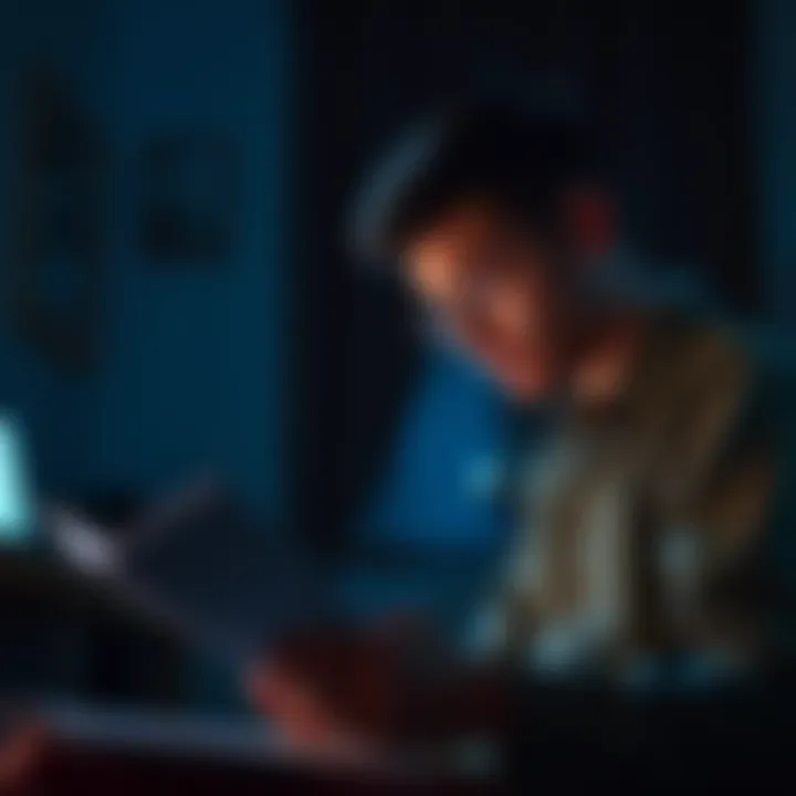 A person reading community policing materials in a dimly lit room, reflecting on motivations behind inappropriate behaviors.