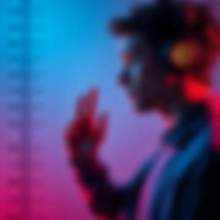 Individual listening to subliminal messages through headphones while looking at a height chart