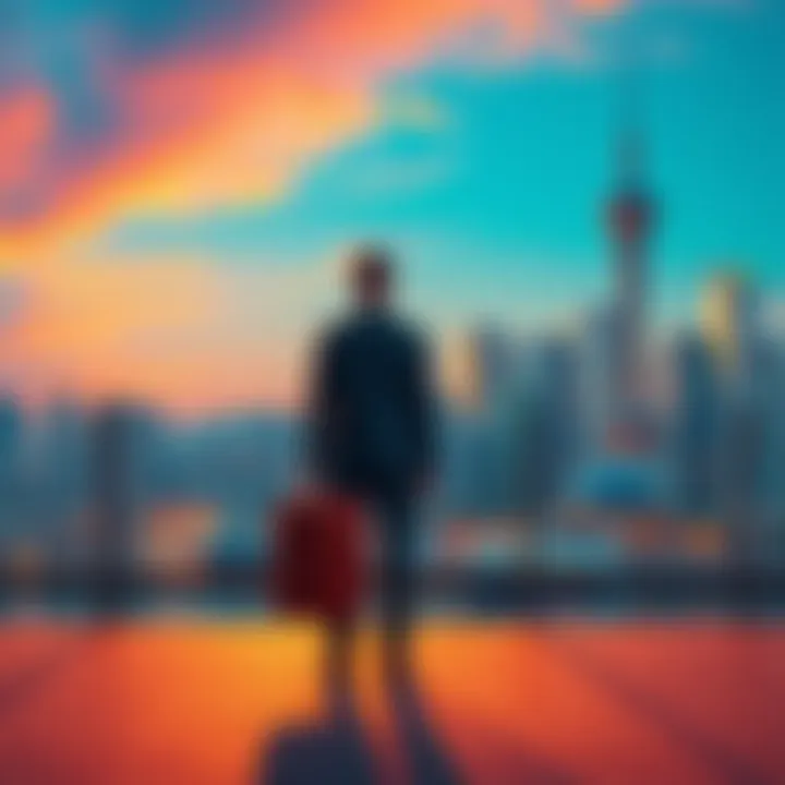 Individual with a suitcase looking towards a city skyline, symbolizing moving away from their birthplace