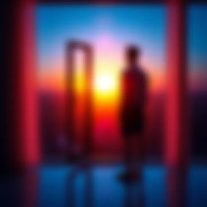 Individual standing by a window, gazing at a vibrant sunrise, symbolizing a positive mindset shift