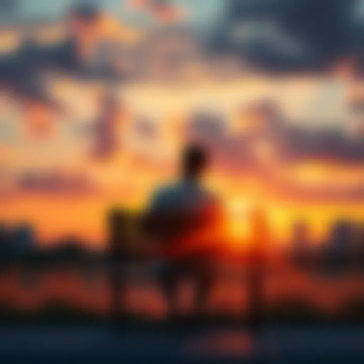 A reflective individual sitting on a park bench, gazing at a vibrant sunset, symbolizing hope and resilience after life's struggles.