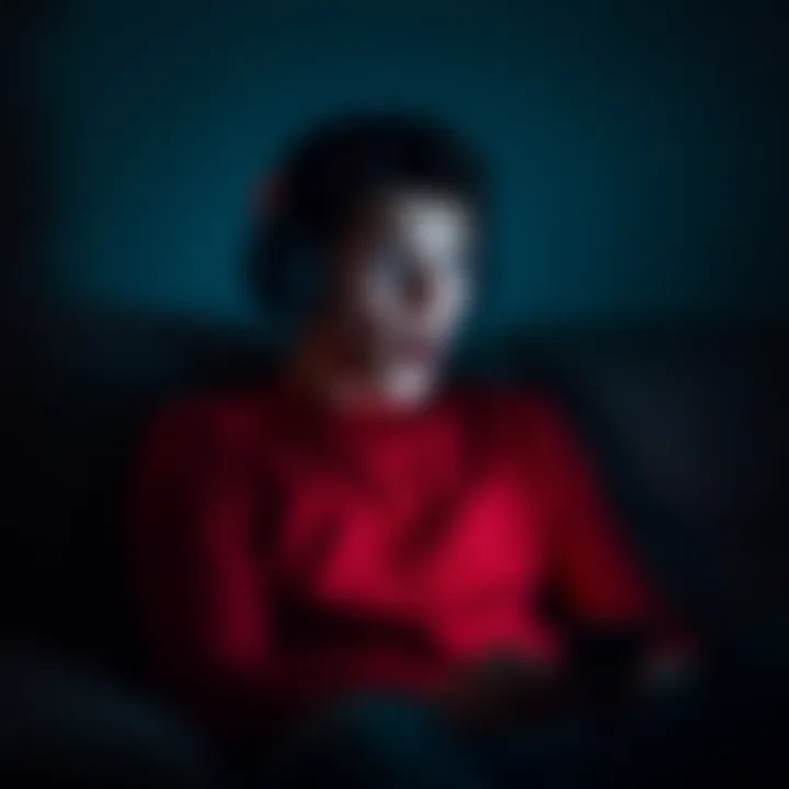 Person wearing Bluetooth headphones looking surprised A person sits on a couch wearing Bluetooth headphones, with a shocked expression while looking at a phone or screen showing an affirmation video. Dark room with shadows adds to the spooky atmosphere.