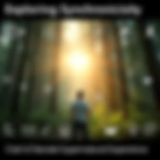 A person standing in a forest, observing the alignment of natural elements that seem to connect through a shared light