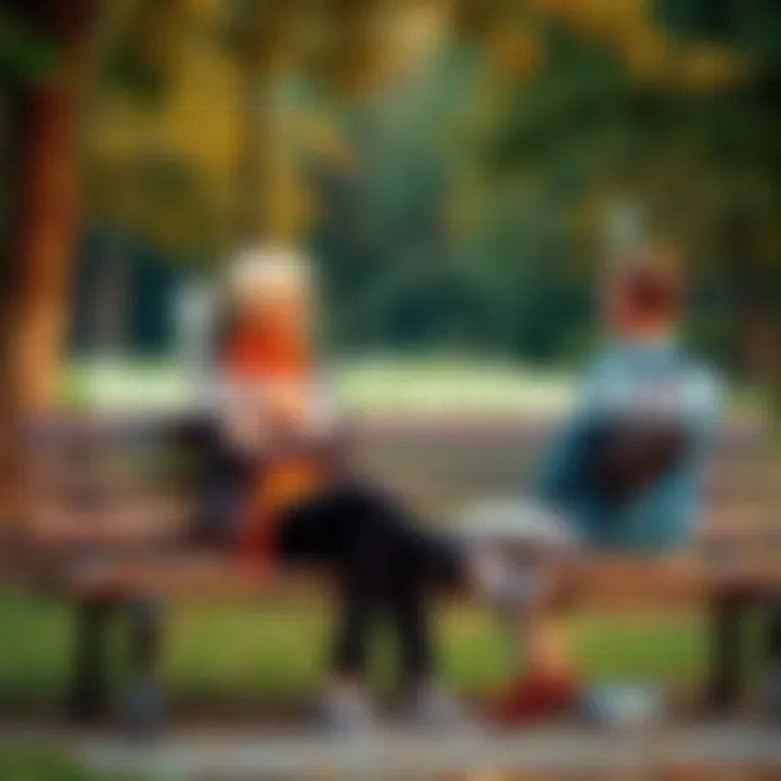 A person sitting on a park bench, sharing thoughts with a friend, both showing expressions of understanding and support.