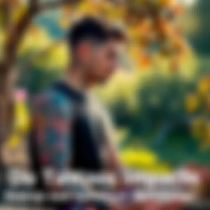 A person with visible tattoos meditating outdoors, surrounded by nature, showing a peaceful expression
