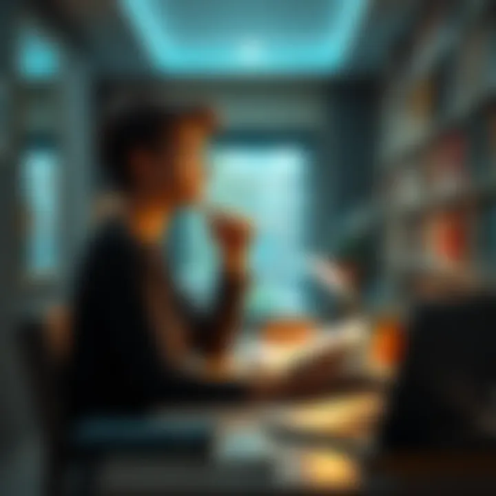 Person Thinking About Career A young person sitting at a desk with books and a laptop, looking thoughtful while planning their future career as a librarian.