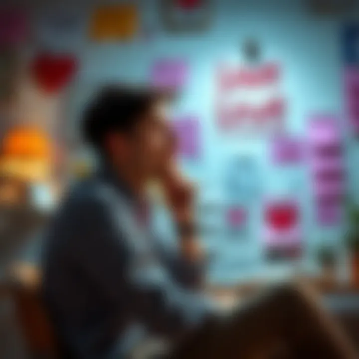 A person sitting with a thoughtful expression, surrounded by notes and a vision board about love and relationships.