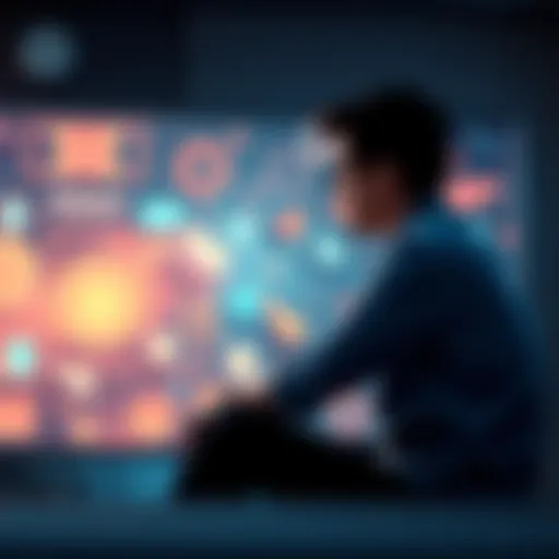 A person sitting in a thoughtful pose, gazing at a digital interface showing abstract shapes, symbolizing the questioning of reality.