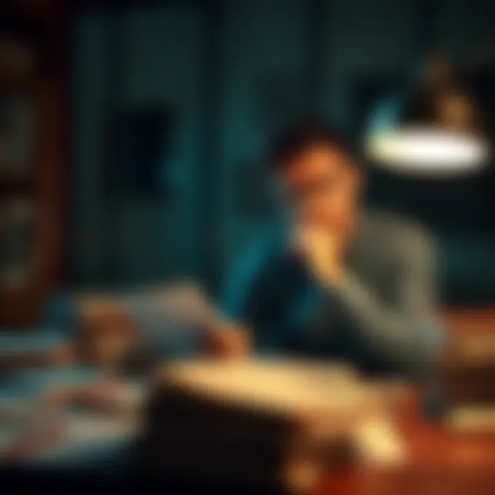 Person thinking critically A person sits at a table with a thoughtful expression, surrounded by papers and books about conspiracy theories, deep in contemplation.