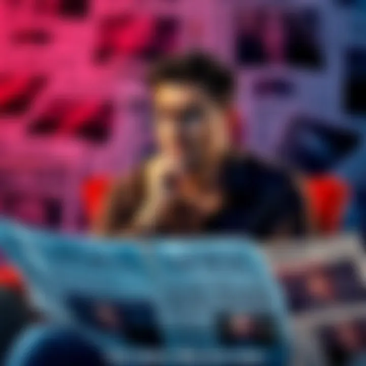 A person sits with a thoughtful expression, pondering over various newspaper headlines about hoaxes and skepticism.