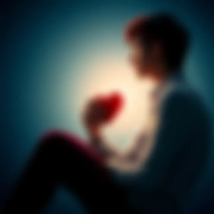 A person sitting alone, looking contemplative while holding a heart-shaped object, symbolizing their conflicted feelings about love and connection.