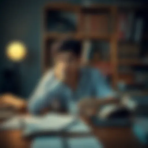 A person sitting with a pensive expression, surrounded by notes and books about manifestation, reflecting their two-year struggle with the law of assumption.