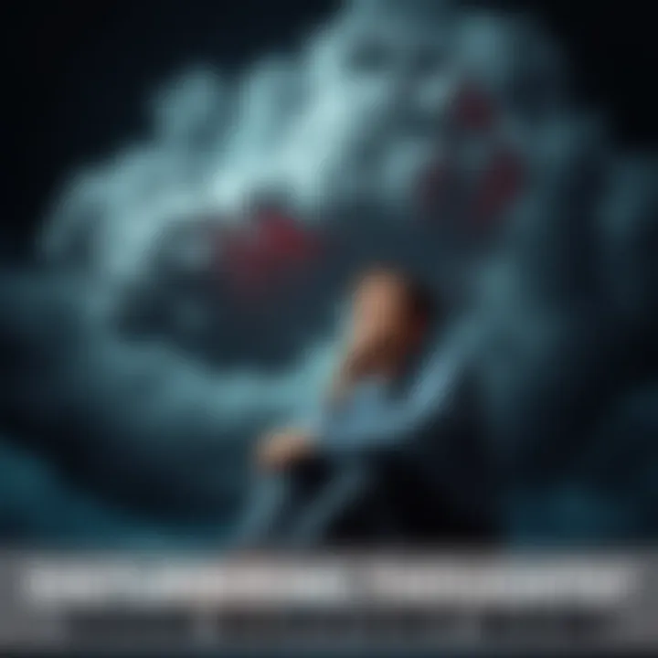 A person sitting with a worried expression, surrounded by dark clouds representing disturbing thoughts.