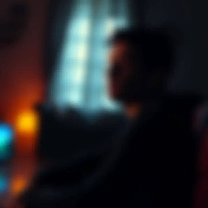 Individual sitting in a dimly lit room, reflecting on personal struggles with addiction, with a pensive expression