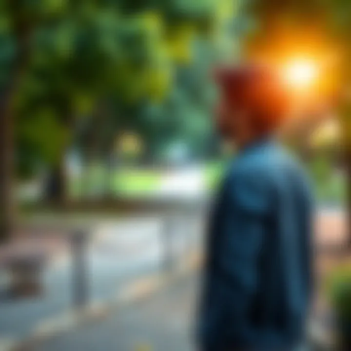 A person stands with a thoughtful expression, looking out at a path in a park, symbolizing reflection on life choices