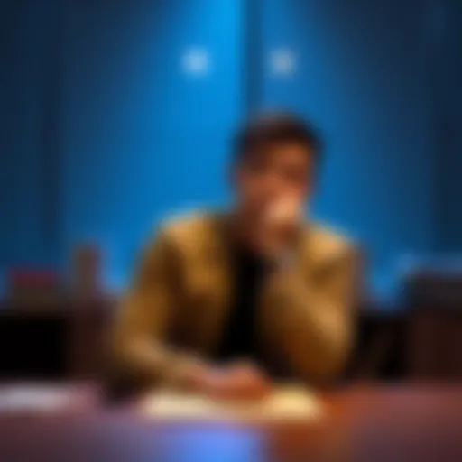 A person with a blank expression sitting at a desk, looking lost in thought, symbolizing mental emptiness.